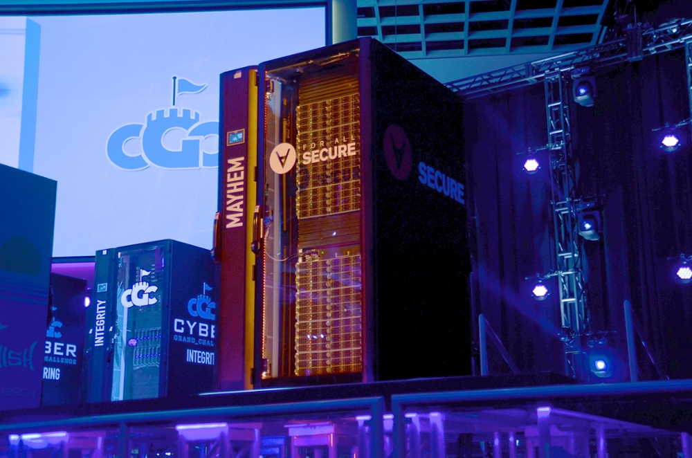 Mayhem, an autonomous hacking system created by CyLab-spinoff company ForAllSecure, sits on stage at the DARPA Cyber Grand Challenge in 2016