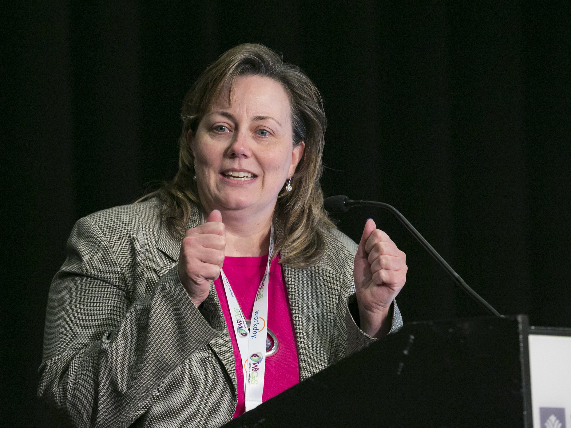 CMU's Bobbie Stempfley speaks to a crowd at WiCyS 2019.