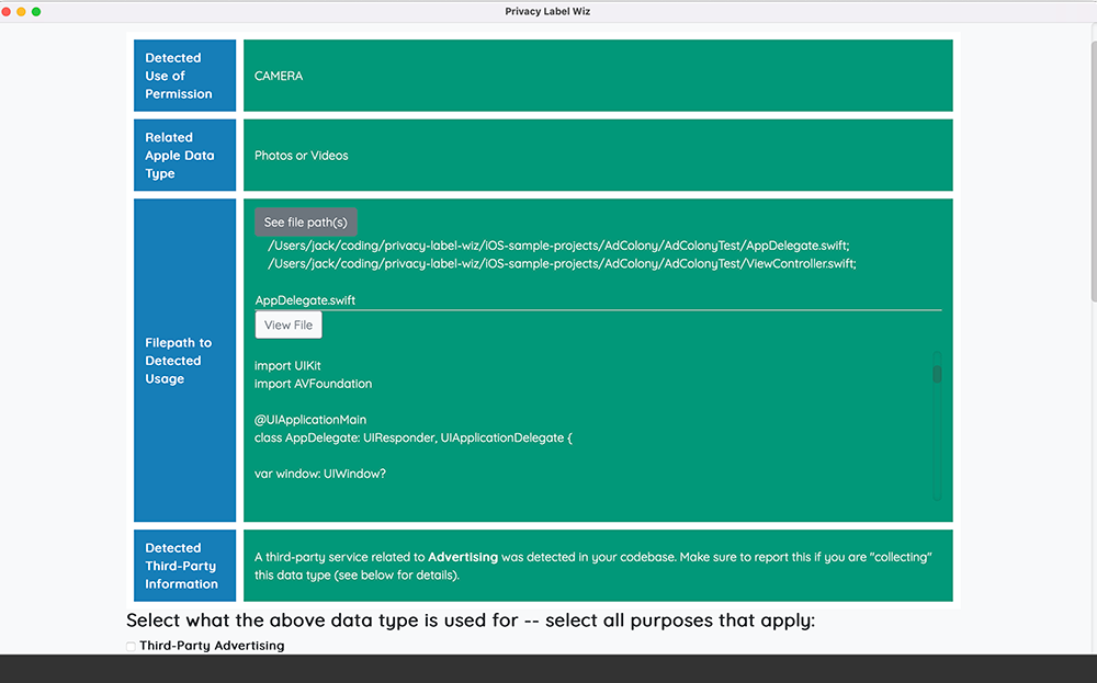 Privacy Label Wiz's data usage display page