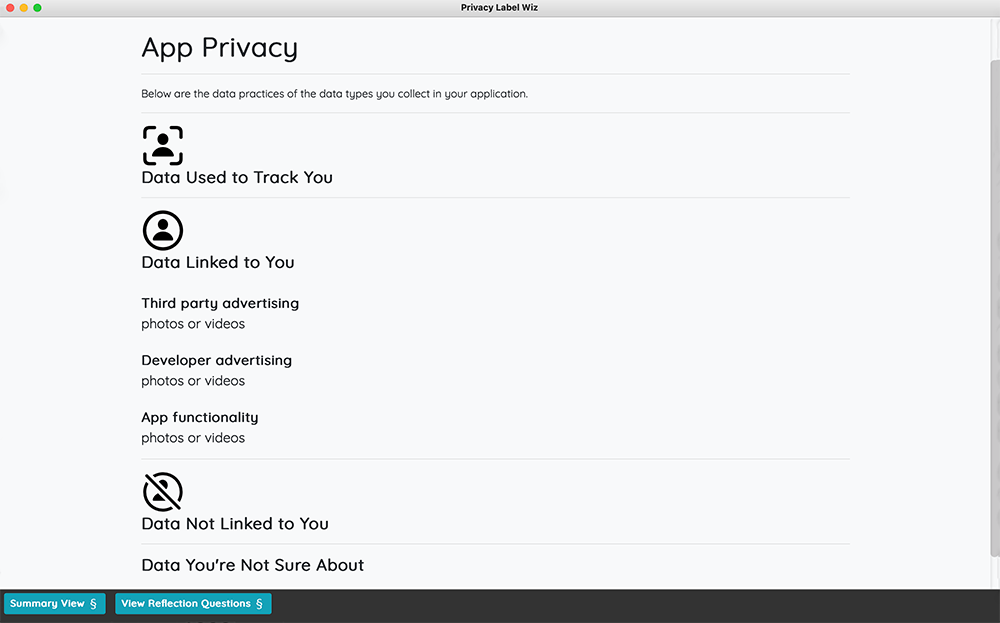 Privacy Label Wiz's summary report