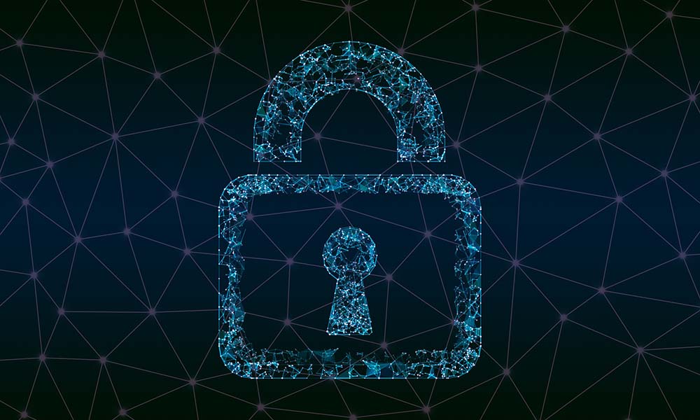 Stock graphic of a lock with network looking lines running behind it