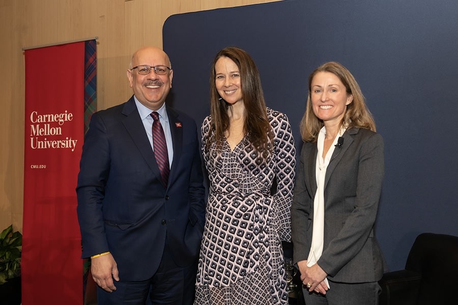 From left, Farnam Jahanian, Jen Easterly and Theresa Mayer.