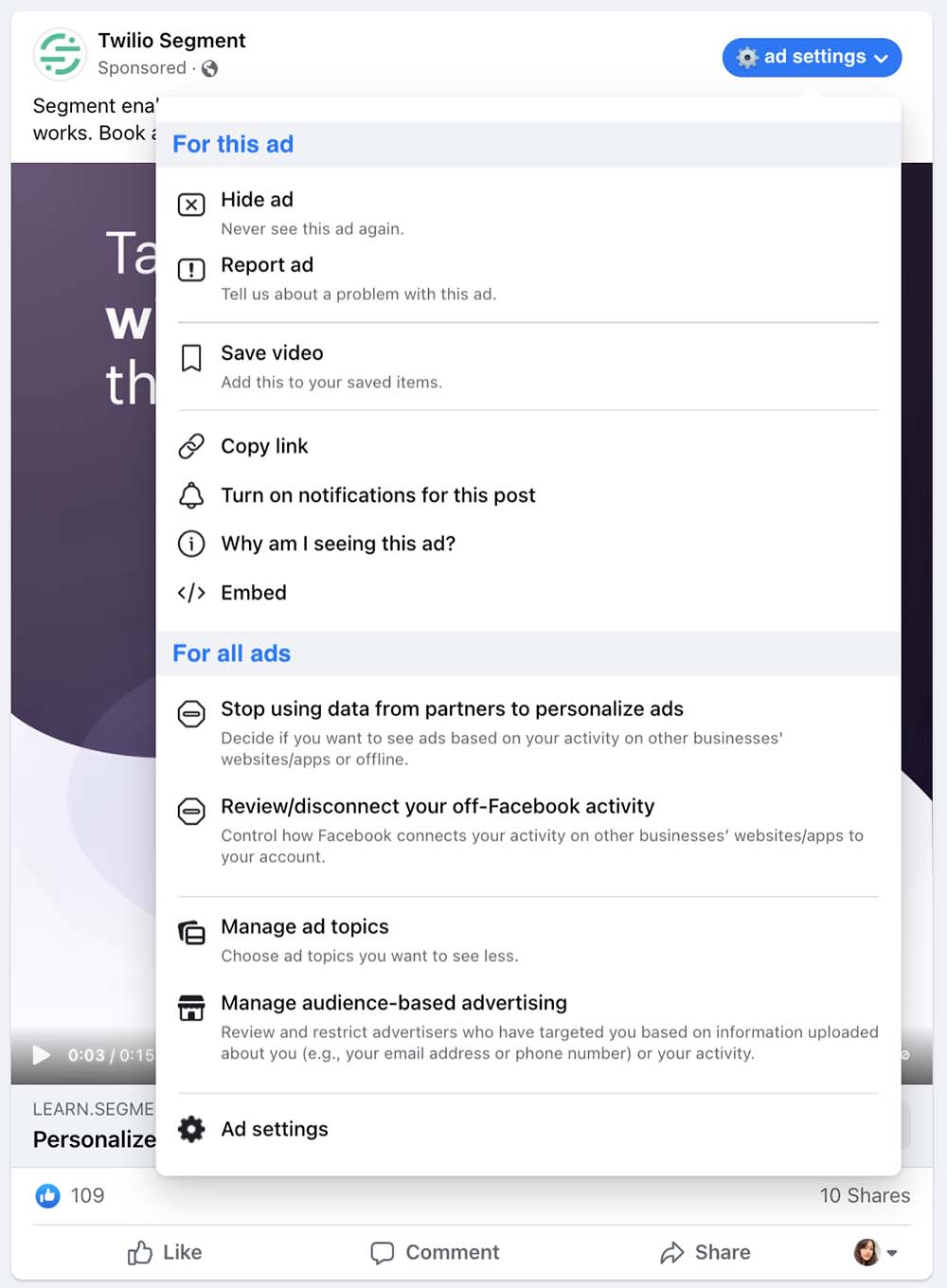 Ad button/menu with high actionability condition: Identified as one of the most effective designs, this condition provides direct links to privacy controls located on Facebook’s ad settings and general settings pages.