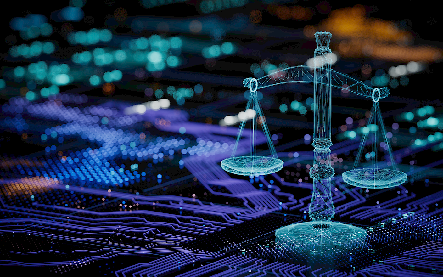 decorative image featuring scales of justice in the style of an internal computer database